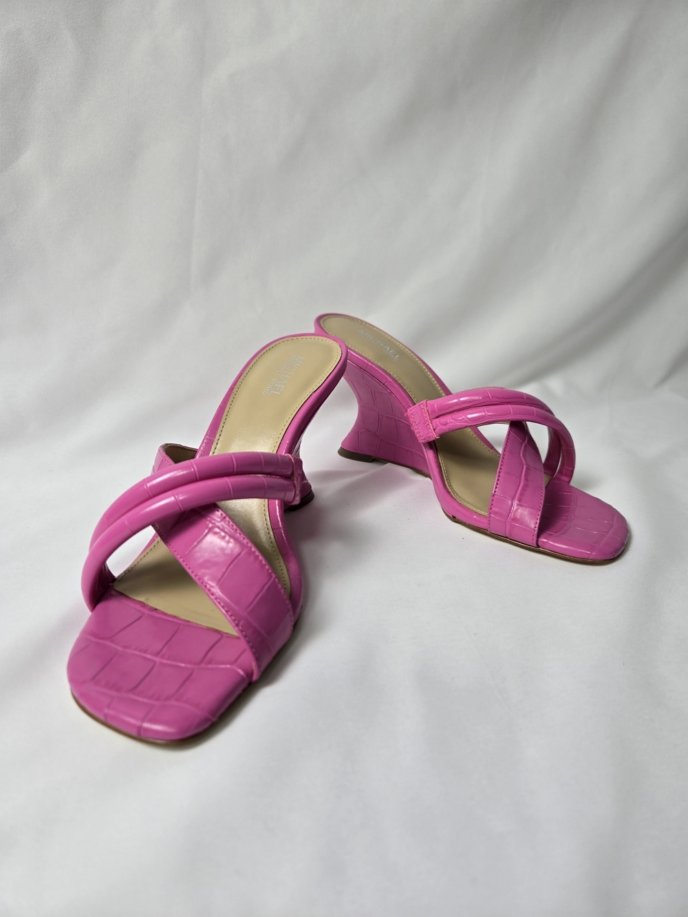 Michael Kors Nadina Pink Leather Croc Embossed Wedge Mules 6.5